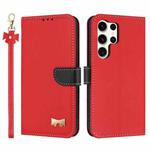 For Samsung Galaxy S25 Ultra 5G Metal Bow Leather Phone Case with Hand Strap(Red)