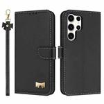 For Samsung Galaxy S25 Ultra 5G Metal Bow Leather Phone Case with Hand Strap(Black)