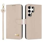 For Samsung Galaxy S25 Ultra 5G Metal Bow Leather Phone Case with Hand Strap(Apricot)