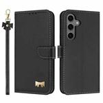 For Samsung Galaxy S25 / S24 5G Metal Bow Leather Phone Case with Hand Strap(Black)