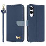 For Samsung Galaxy S25 Edge 5G Metal Bow Leather Phone Case with Hand Strap(Dark Blue)
