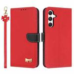 For Samsung Galaxy S24 FE 5G Metal Bow Leather Phone Case with Hand Strap(Red)