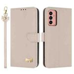 For Samsung Galaxy A13 4G / 5G Metal Bow Leather Phone Case with Hand Strap(Apricot)