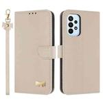 For Samsung Galaxy A33 5G Metal Bow Leather Phone Case with Hand Strap(Apricot)