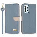 For Samsung Galaxy A33 5G Metal Bow Leather Phone Case with Hand Strap(Light Blue)