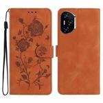 For Honor 400 Pro Global 160.8mm Rose Flower Embossing Pattern Leather Phone Case(Brown)