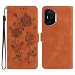 For Honor 400 Global 156.5mm Rose Flower Embossing Pattern Leather Phone Case(Brown)