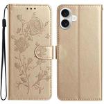 For iPhone 17 Rose Flower Embossing Pattern Leather Phone Case(Gold)
