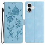 For iPhone 17 Rose Flower Embossing Pattern Leather Phone Case(Sky Blue)