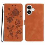 For iPhone 17 Rose Flower Embossing Pattern Leather Phone Case(Brown)