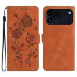 For iPhone 17 Pro Rose Flower Embossing Pattern Leather Phone Case(Brown)