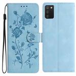 For Samsung Galaxy A02S 166mm EU Rose Flower Embossing Pattern Leather Phone Case(Sky Blue)
