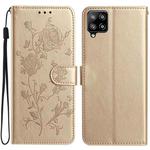 For Samsung Galaxy A12 Rose Flower Embossing Pattern Leather Phone Case(Gold)