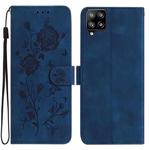 For Samsung Galaxy A12 Rose Flower Embossing Pattern Leather Phone Case(Dark Blue)