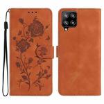 For Samsung Galaxy A12 Rose Flower Embossing Pattern Leather Phone Case(Brown)