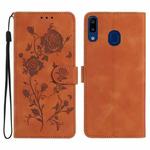 For Samsung Galaxy A20 / A30 Rose Flower Embossing Pattern Leather Phone Case(Brown)