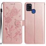 For Samsung Galaxy A21S Rose Flower Embossing Pattern Leather Phone Case(Rose Gold)