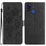 For Samsung Galaxy A21S Rose Flower Embossing Pattern Leather Phone Case(Black)