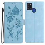 For Samsung Galaxy A21S Rose Flower Embossing Pattern Leather Phone Case(Sky Blue)