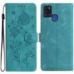 For Samsung Galaxy A21S Rose Flower Embossing Pattern Leather Phone Case(Green)