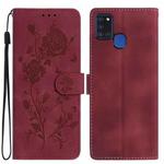 For Samsung Galaxy A21S Rose Flower Embossing Pattern Leather Phone Case(Red)