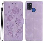 For Samsung Galaxy A21S Rose Flower Embossing Pattern Leather Phone Case(Light Purple)