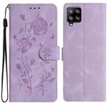 For Samsung Galaxy A22 Rose Flower Embossing Pattern Leather Phone Case(Light Purple)