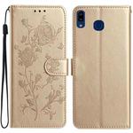 For Samsung Galaxy A40 Rose Flower Embossing Pattern Leather Phone Case(Gold)
