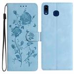 For Samsung Galaxy A40 Rose Flower Embossing Pattern Leather Phone Case(Sky Blue)