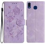 For Samsung Galaxy A40 Rose Flower Embossing Pattern Leather Phone Case(Light Purple)