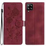 For Samsung Galaxy A42 Rose Flower Embossing Pattern Leather Phone Case(Red)