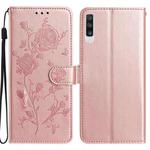 For Samsung Galaxy A50 Rose Flower Embossing Pattern Leather Phone Case(Rose Gold)