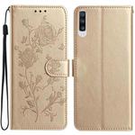 For Samsung Galaxy A50 Rose Flower Embossing Pattern Leather Phone Case(Gold)