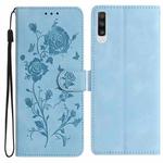 For Samsung Galaxy A50 Rose Flower Embossing Pattern Leather Phone Case(Sky Blue)