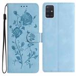 For Samsung Galaxy A51 Rose Flower Embossing Pattern Leather Phone Case(Sky Blue)