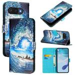 For Google Pixel 9a Colored Drawing Pattern Plain Weave Leather Phone Case(Waves And Sun)