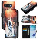 For Google Pixel 9a Colored Drawing Pattern Plain Weave Leather Phone Case(Cats And Tigers)