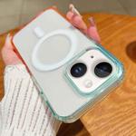 For iPhone 14 Contrast Color Gradient Transparent MagSafe Phone Case(Blue Green + Pink)