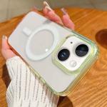 For iPhone 14 Plus Contrast Color Gradient Transparent MagSafe Phone Case(Fluorescent Green + Light Pink)