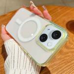 For iPhone 15 Plus Contrast Color Gradient Transparent MagSafe Phone Case(Fluorescent Green + Light Pink)