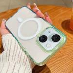 For iPhone 15 Plus Contrast Color Gradient Transparent MagSafe Phone Case(Green + Blue)