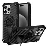 For iPhone 15 Pro Max Camouflage Kickstand Rotating Shaft MagSafe Phone Case(Carbon Fiber Black)
