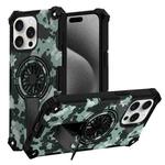 For iPhone 15 Pro Camouflage Kickstand Rotating Shaft MagSafe Phone Case(Mint Green Camouflage)