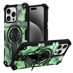 For iPhone 15 Pro Camouflage Kickstand Rotating Shaft MagSafe Phone Case(Bright Green Branches)