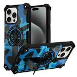 For iPhone 15 Pro Camouflage Kickstand Rotating Shaft MagSafe Phone Case(Blue Camouflage)