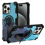 For iPhone 15 Pro Camouflage Kickstand Rotating Shaft MagSafe Phone Case(Carbon Fiber Sky Blue)