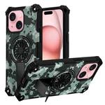 For iPhone 15 Plus Camouflage Kickstand Rotating Shaft MagSafe Phone Case(Mint Green Camouflage)
