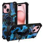For iPhone 15 Plus Camouflage Kickstand Rotating Shaft MagSafe Phone Case(Blue Camouflage)