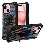 For iPhone 15 Plus Camouflage Kickstand Rotating Shaft MagSafe Phone Case(Carbon Fiber Rainbow)