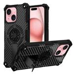 For iPhone 15 Plus Camouflage Kickstand Rotating Shaft MagSafe Phone Case(Carbon Fiber Black)